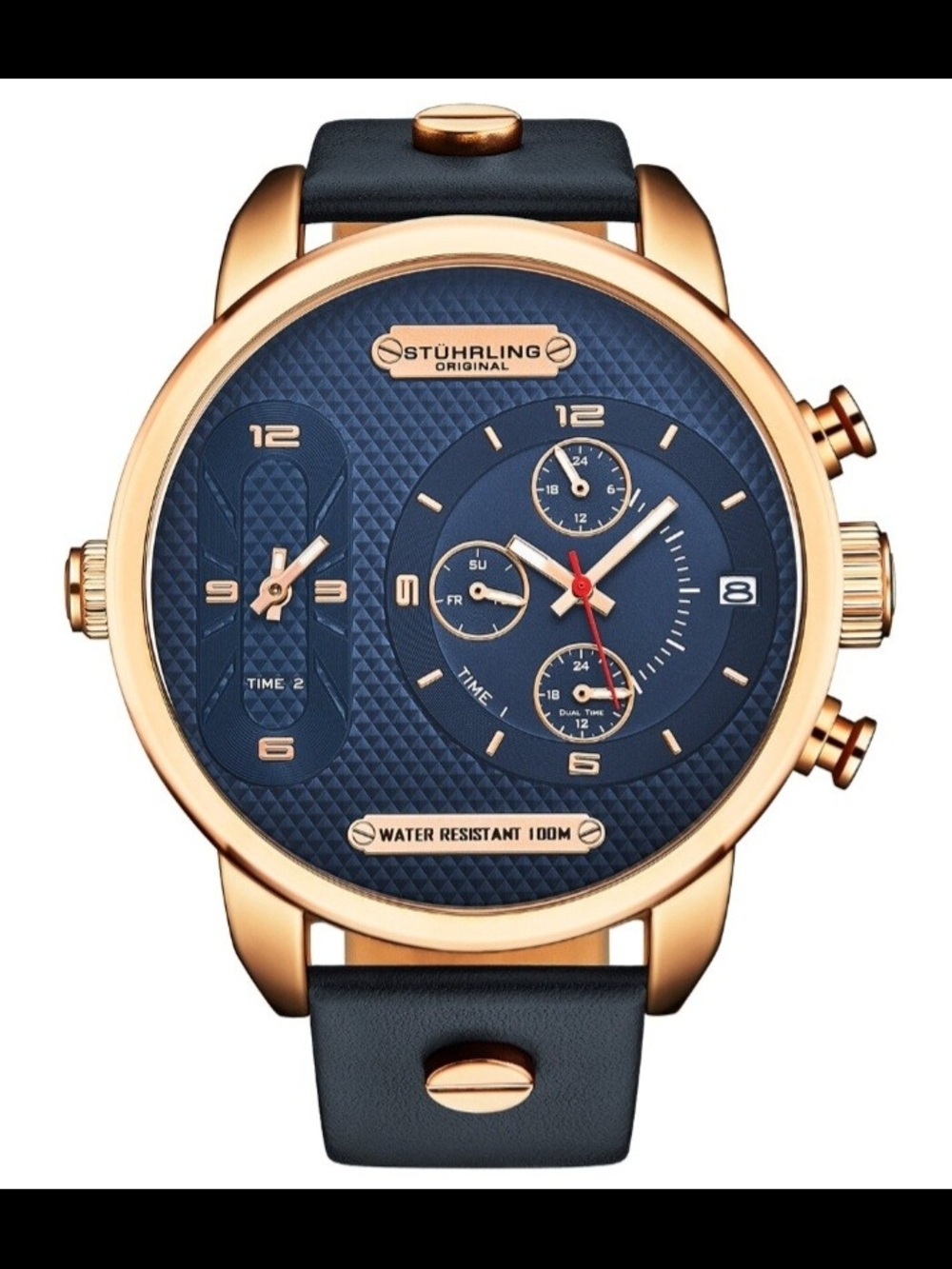 Stührling Original Men's Dual-Time Blue Dial Rose Gold Watch